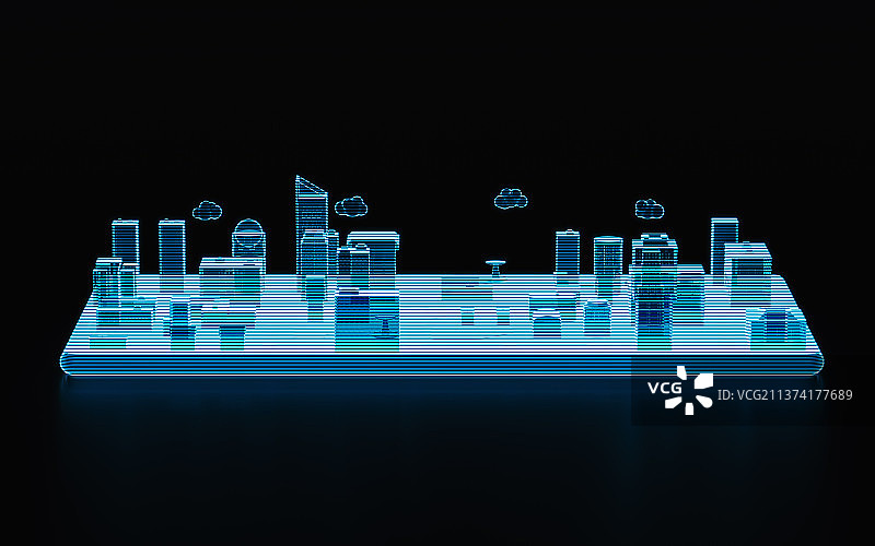 全息影像手机上的城市3D渲染图片素材