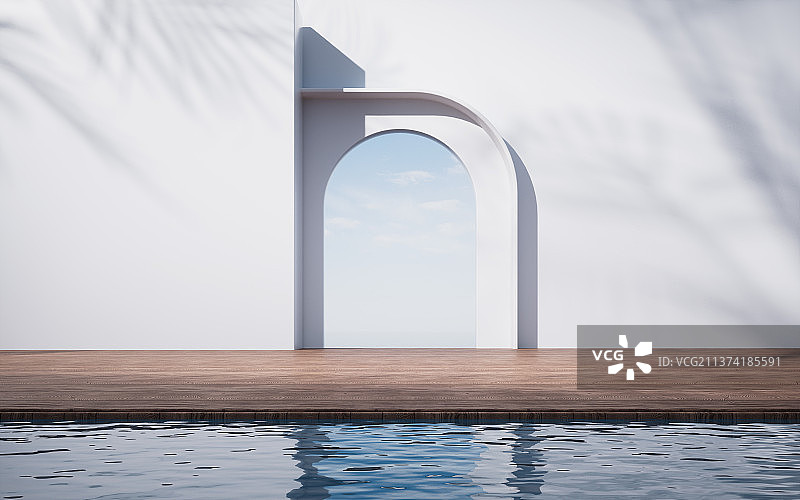 水面与木地板背景3D渲染图片素材