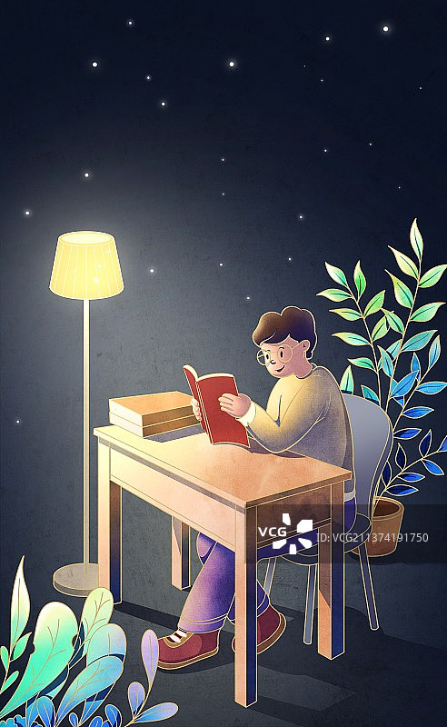 深夜读书的男性插画图片素材