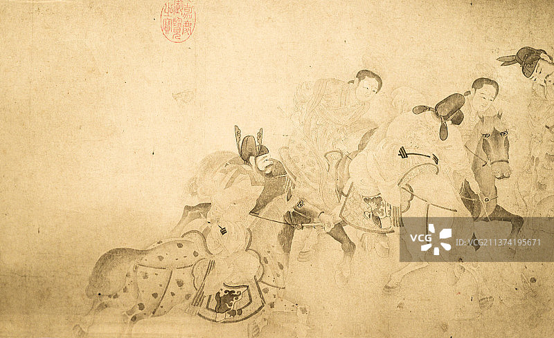 北宋李公麟唐明皇击球图国宝国画纸本水墨宫廷人物画中国古代足球蹴鞠马球图片素材