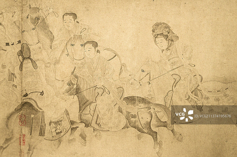 北宋李公麟唐明皇击球图国宝国画纸本水墨宫廷人物画中国古代足球蹴鞠马球图片素材