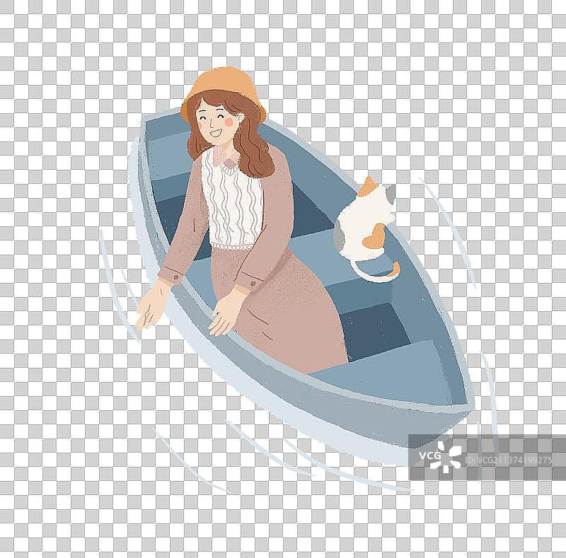 坐船的女孩和猫咪插画图片素材