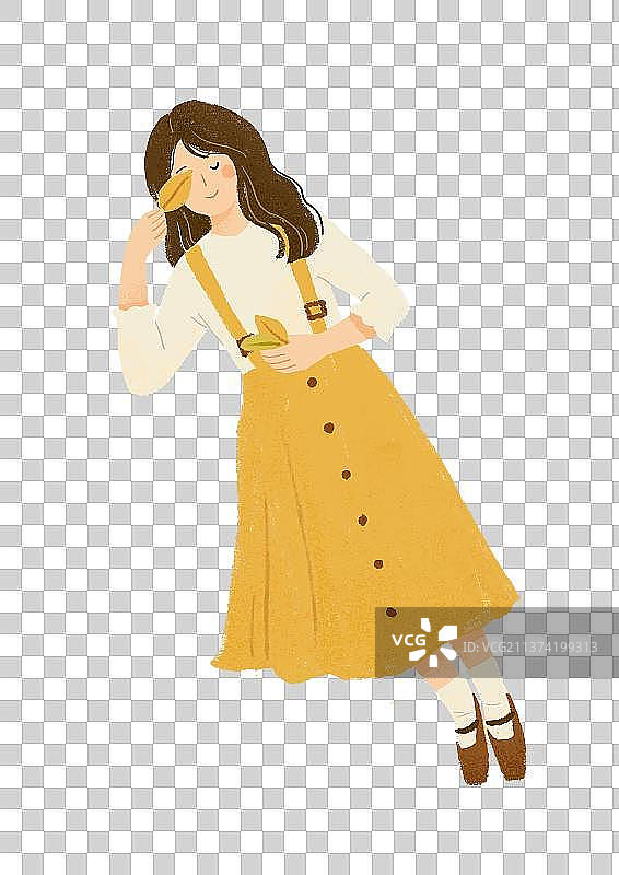 拿着几片落叶的女孩插画图片素材