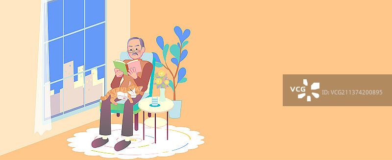 老人抱着猫在窗下安心的读书横板图片素材