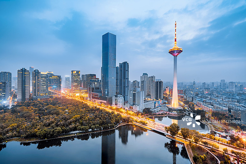 中国辽宁沈阳彩电塔城市CBD高视角夜景图片素材