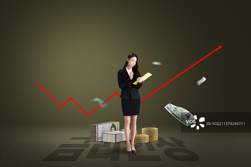 利率上升的图文海报，韩国年轻女商人正在努力应对贷款利息图片素材
