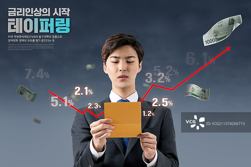 利率上涨平面海报：韩国青年商人为贷款利息苦恼图片素材