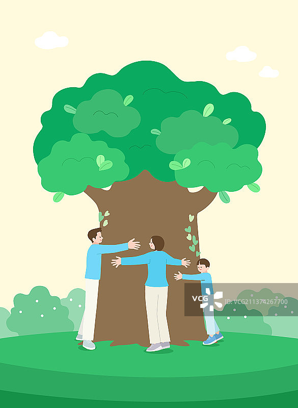 一家人拥抱树木，拯救地球图片素材