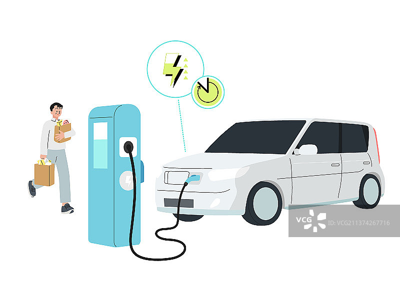 智能移动电动汽车矢量插图，电池充电图片素材