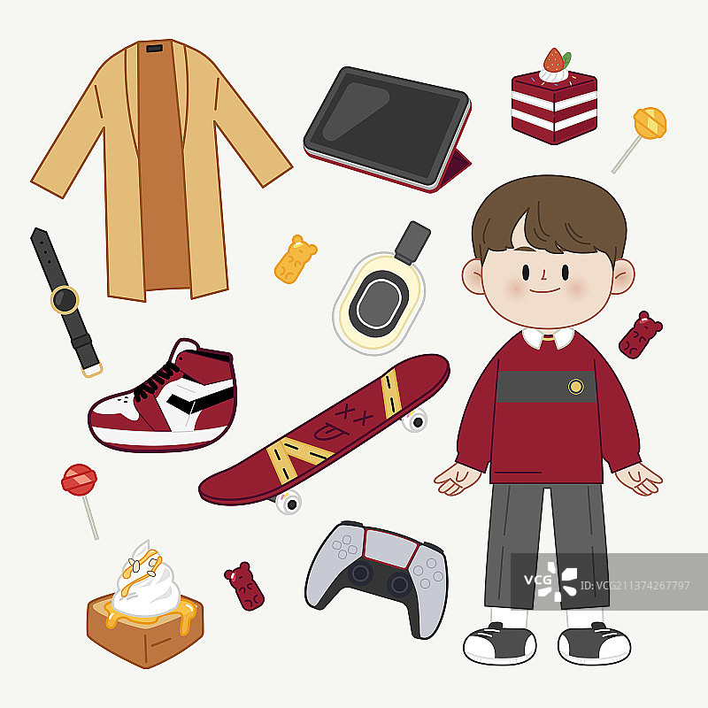 含蛋糕、糖果、滑板、游戏机等的小学生贴纸包图片素材
