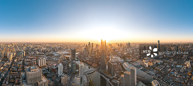 航拍现代化大都市天津城市风光天际线地标建筑日落风光图片素材