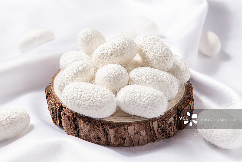 白色丝绸上的蚕茧图片素材