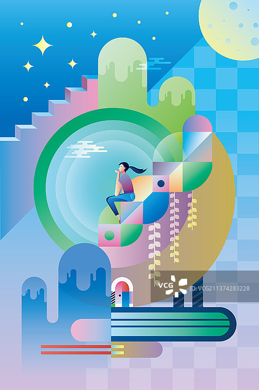 仰望星空的少女概念插画图片素材