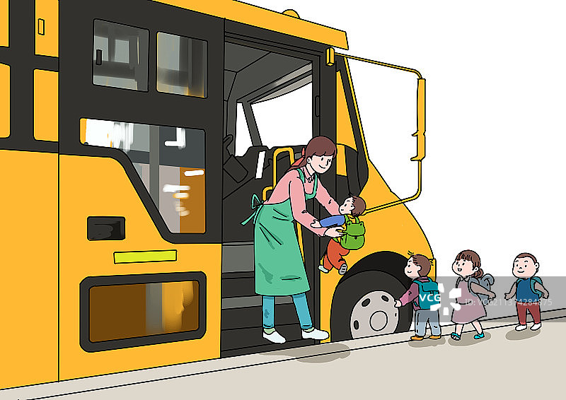 幼儿园校车接送宝宝幼儿孩子上学放学可爱美好童年小时候插画图片素材