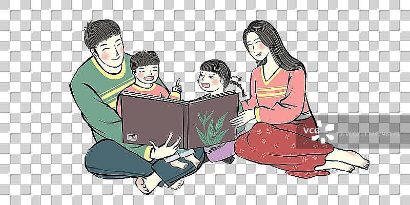两个孩子的家庭父亲母亲陪伴孩子读书图片素材