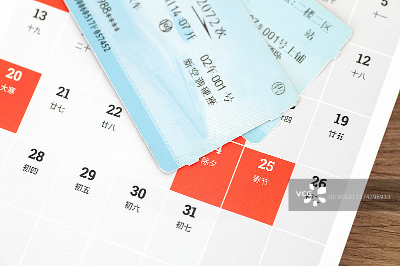 台历上春节回家的日期和回家的火车票图片素材