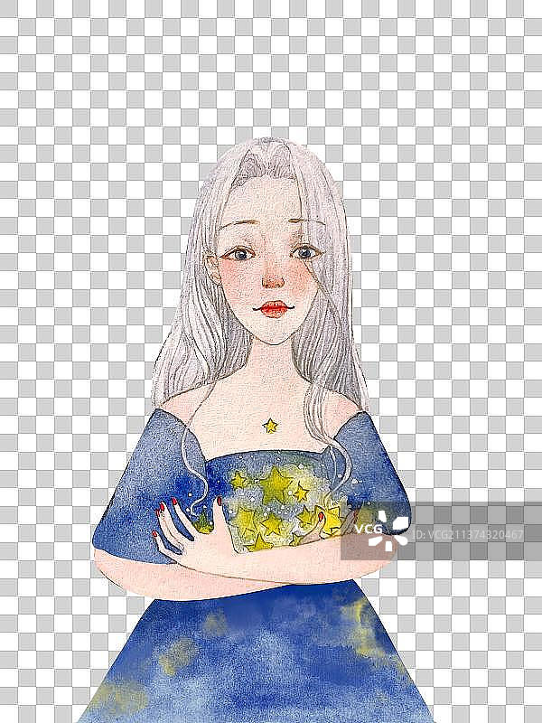 手捧星星的少女水彩插画图片素材