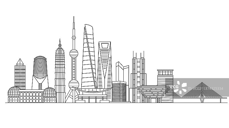 上海城市地标建筑矢量黑白线稿图片素材