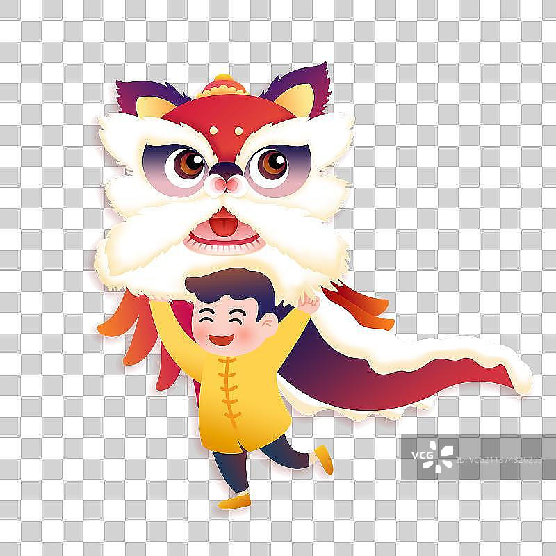 春节除夕舞狮子一家人团聚插画海报图片素材