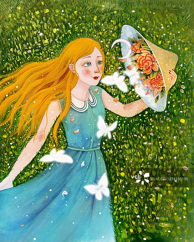 躺在草坪上的少女水彩插画图片素材