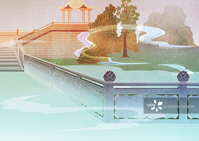 中国国潮国风新中式古风古代庭院景物云雾图片素材