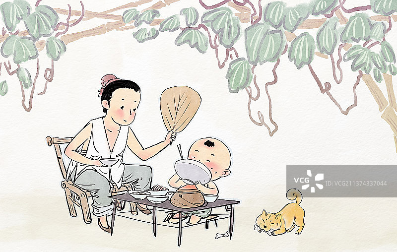 葡萄藤下乘凉吃饭的古代父子场景插画图片素材
