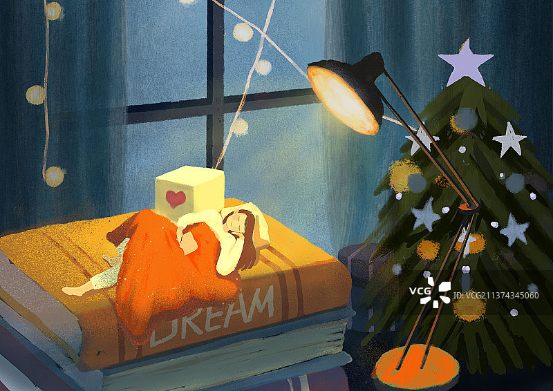 可爱女孩睡在书上做美梦图片素材
