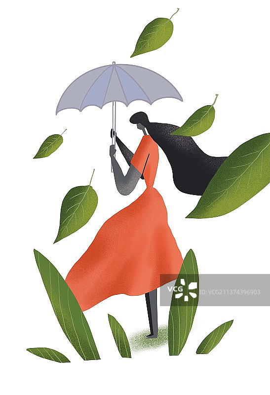 女子撑伞在春风中站立图片素材