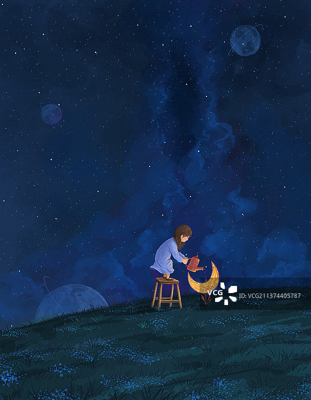 女孩和月亮创意插画8图片素材