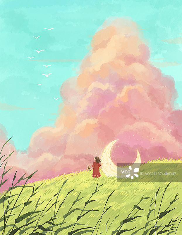 女孩和白天的月亮插画图片素材
