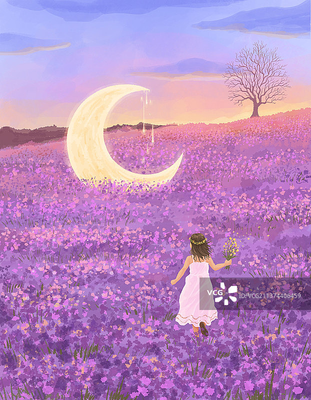 女孩和白天的月亮插画7图片素材