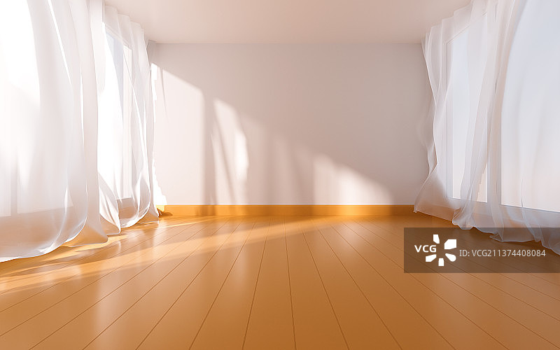 带有窗帘的空房间3D渲染图片素材