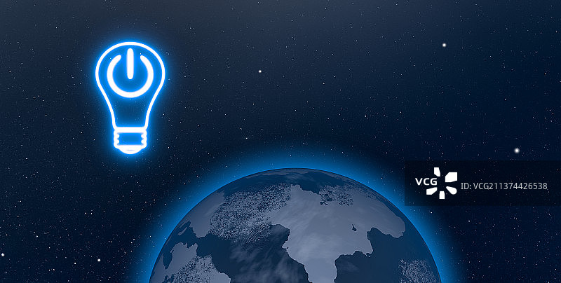 地球一小时，地球上空一个通电后发光的电灯泡悬浮在空中背景图片素材