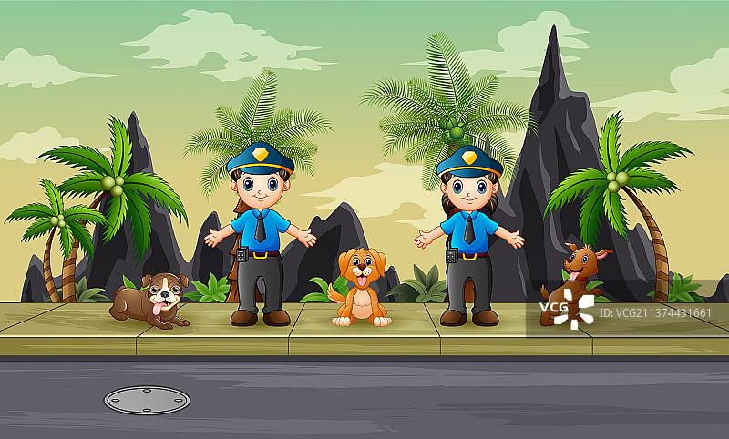 卡通警察男女与寻血猎犬图片素材