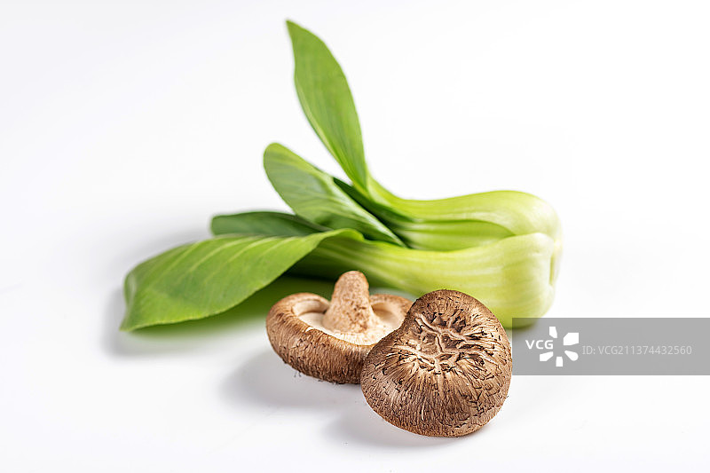 新鲜蔬菜香菇与油菜摆放在桌面上特写图片素材