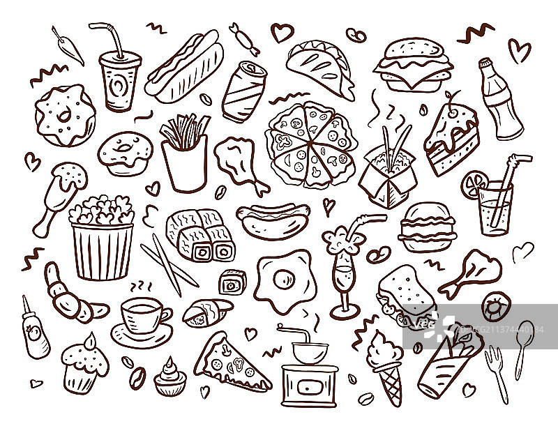 手绘涂鸦风格快餐图标合集图片素材