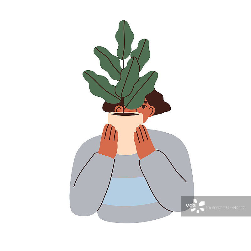 女人抱着绿色盆栽图片素材