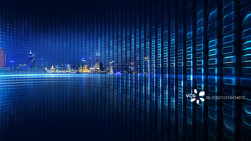 现代城市与虚拟矩阵空间，城市科技概念图片素材