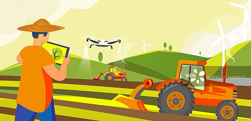 数字科技化新农村农夫用电脑指挥机械自动化耕种图片素材