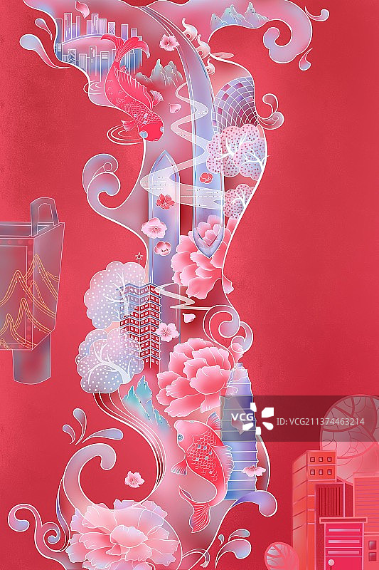 中国风唯美城市插画图片素材