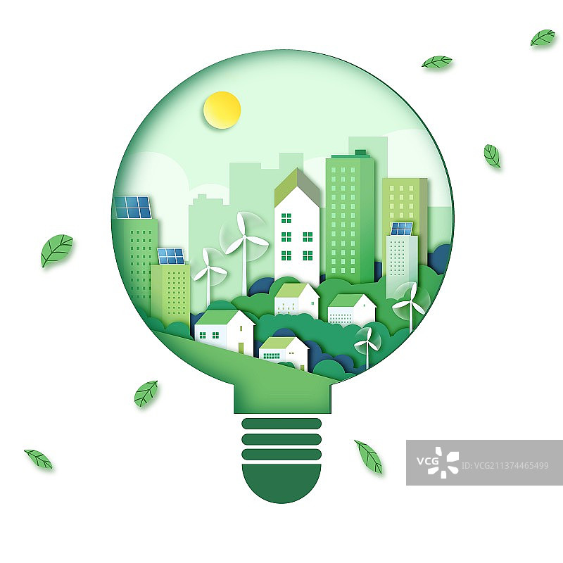 剪纸风格灯泡低碳节能-绿色城市图片素材