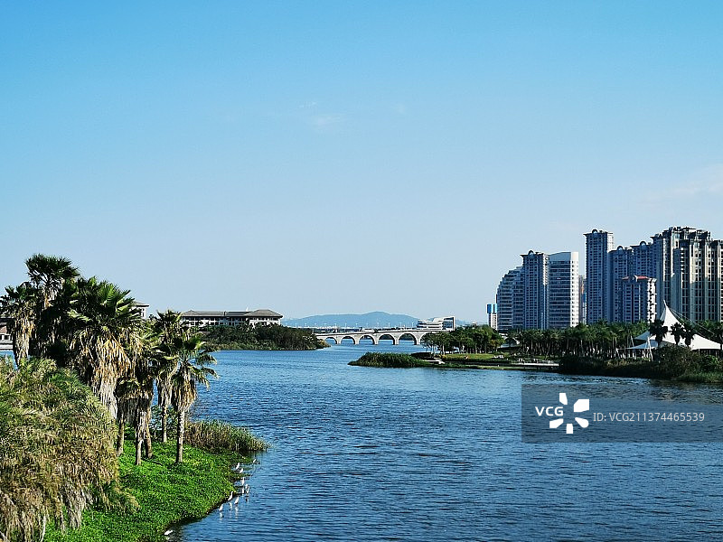 蓝天映衬下的城市景观图片素材