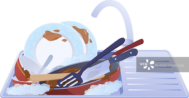 厨房金属水槽里堆积的脏盘子图片素材