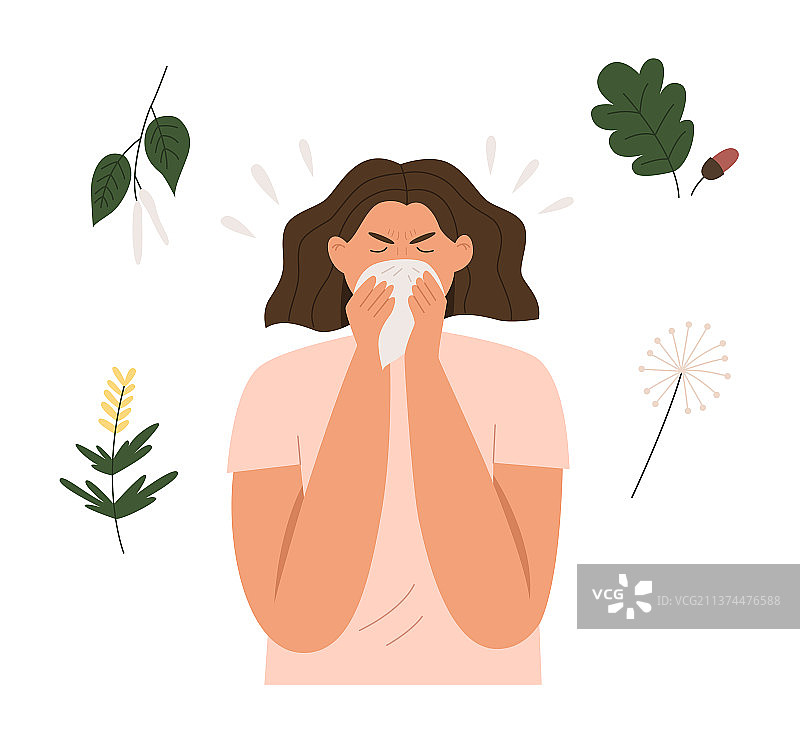 因植物过敏打喷嚏的女人图片素材