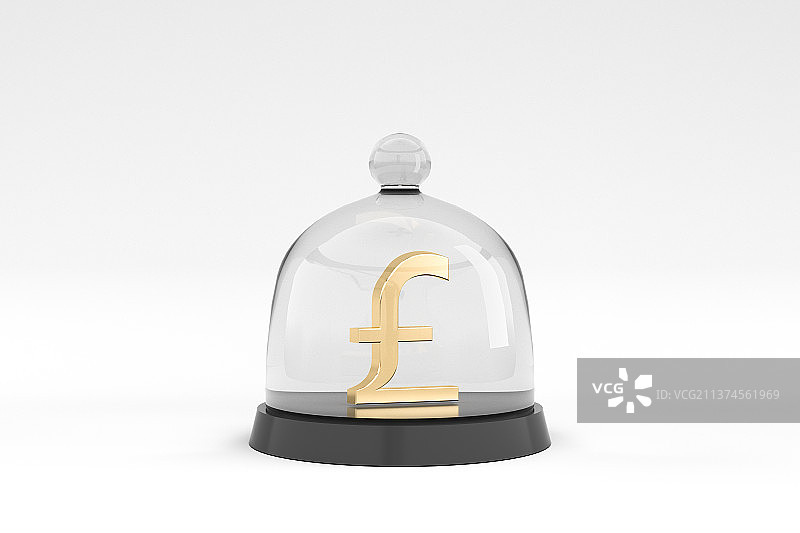 3D渲染抽象概念玻璃罩和黄金色货币英镑图片素材
