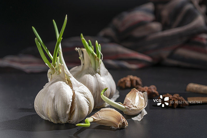 一簸箕大蒜摆放在黑色背景上图片素材