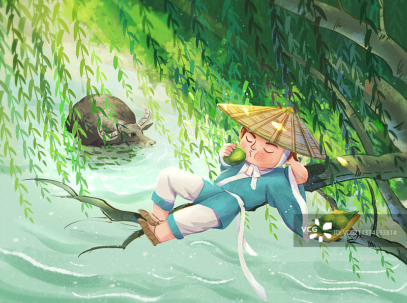 柳树下的放牛娃吃青团清明节插画图片素材