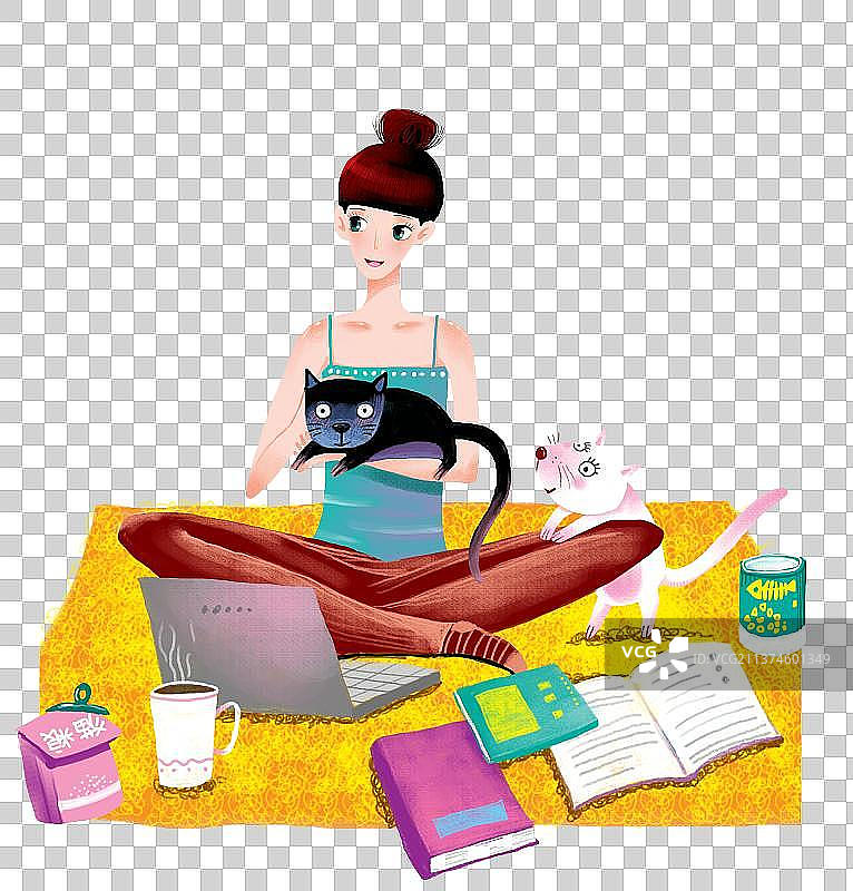 坐在毛毯上抱着猫的年轻女人图片素材