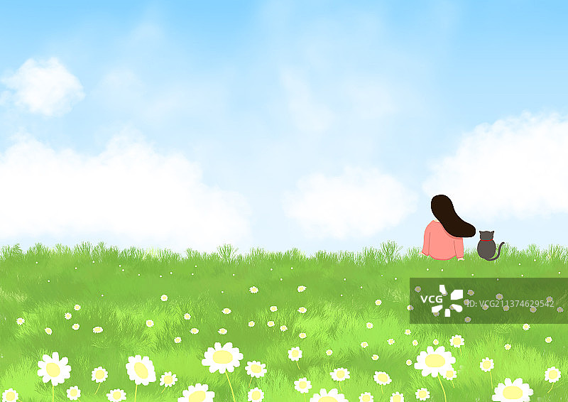 一个女孩在草坪上坐着放松心情图片素材