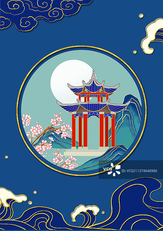 国风亭子月夜海浪景泰蓝金线图图片素材